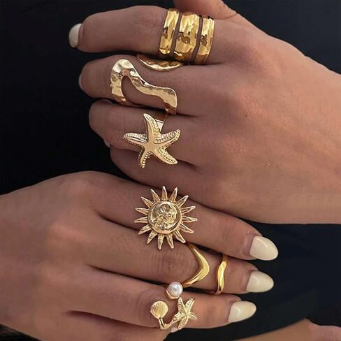 حلقات الذهب Seashell Starfish 18k مطلي بالذهب مكتنزة لذيذ مجموعة للنساء قابلة للتعديل مقاومة للماء هاواي شاطئ الخواتم القابلة للتكديس حلقات الشاطئ لأسلوب الصيف in Kuwait