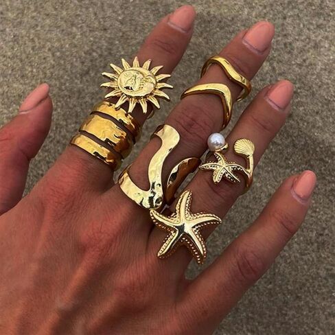 حلقات الذهب Seashell Starfish 18k مطلي بالذهب مكتنزة لذيذ مجموعة للنساء قابلة للتعديل مقاومة للماء هاواي شاطئ الخواتم القابلة للتكديس حلقات الشاطئ لأسلوب الصيف in Kuwait