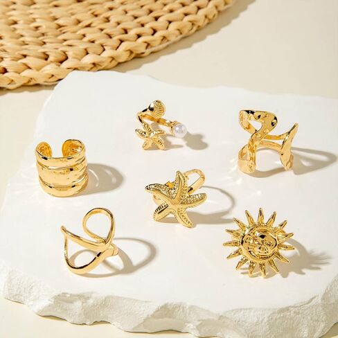 حلقات الذهب Seashell Starfish 18k مطلي بالذهب مكتنزة لذيذ مجموعة للنساء قابلة للتعديل مقاومة للماء هاواي شاطئ الخواتم القابلة للتكديس حلقات الشاطئ لأسلوب الصيف in Kuwait