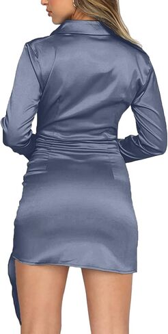 LYANER Women's Stain Deep V Neck Button Down Tie Front Long Sleeve Mini Short Dress in Saudi Arabia