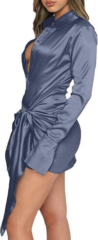 LYANER Women's Stain Deep V Neck Button Down Tie Front Long Sleeve Mini Short Dress in Saudi Arabia