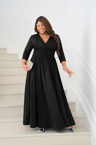 Runwind Plus Size Maxi Dress for Curvy Women 3/4 Long Casual Wedding Guest Dress with Pockets in Kuwait