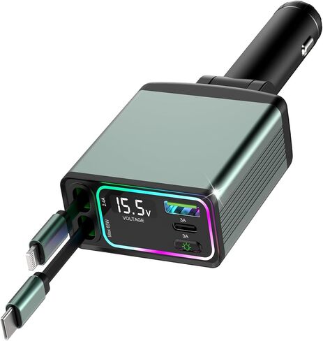 4-in-1 Retractable Car Charger, Dual Type-C with 2.62ft Cords & Dual USB Ports, Fast Charging Adapter, Road Trip Essentials and Travel Gifts for iPhone 16/15/14/13/12, iPad, Galaxy, Pixel in Kuwait
