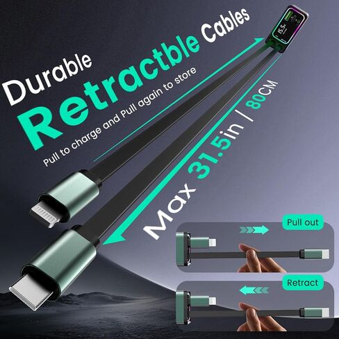 4-in-1 Retractable Car Charger, Dual Type-C with 2.62ft Cords & Dual USB Ports, Fast Charging Adapter, Road Trip Essentials and Travel Gifts for iPhone 16/15/14/13/12, iPad, Galaxy, Pixel in Kuwait