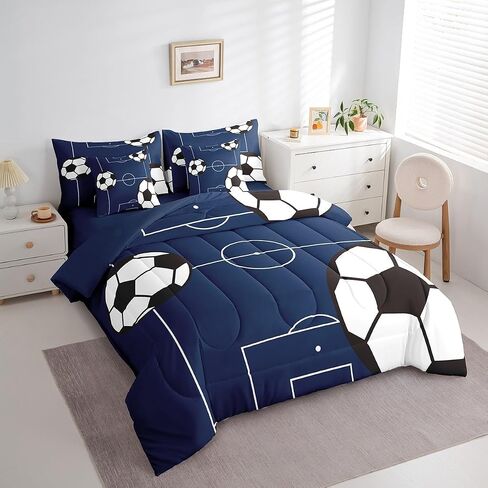 Feelyou Football Bedding Set Queen Size 7 Pieces Kids Soccer Ball Pattern for Boys Girls Teens Sports Theme Football Court Bed in a Bag with Comforter, Sheets, Pillowcases & Cushion Cover in Kuwait
