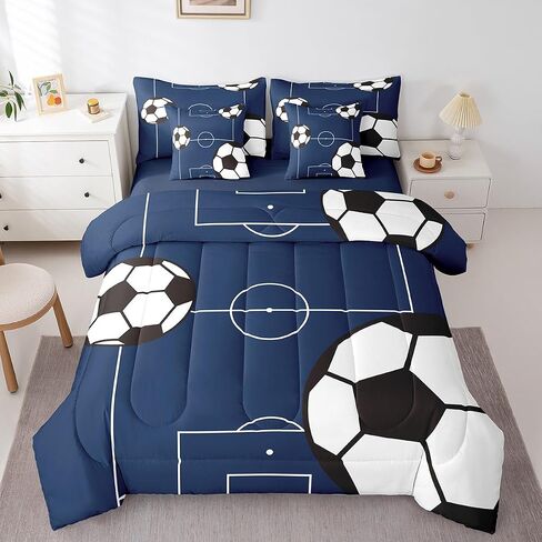 Feelyou Football Bedding Set Queen Size 7 Pieces Kids Soccer Ball Pattern for Boys Girls Teens Sports Theme Football Court Bed in a Bag with Comforter, Sheets, Pillowcases & Cushion Cover in Kuwait