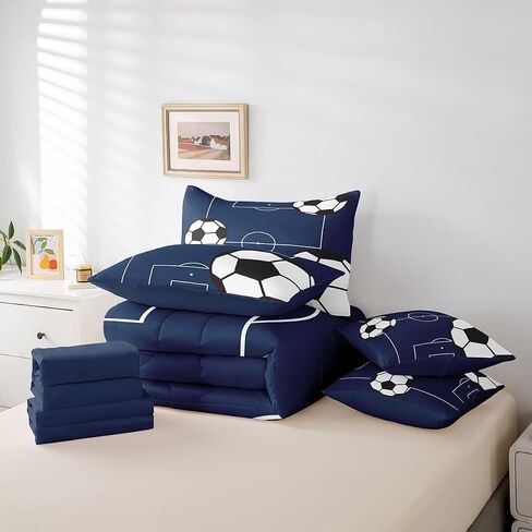 Feelyou Football Bedding Set Queen Size 7 Pieces Kids Soccer Ball Pattern for Boys Girls Teens Sports Theme Football Court Bed in a Bag with Comforter, Sheets, Pillowcases & Cushion Cover in Kuwait