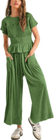 Womens 2 Piece Smocked Top Wide-Leg Pants Set High-Waisted Lounge Outfit with Pockets Casual Boho Matching Set in Saudi Arabia