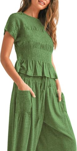 Womens 2 Piece Smocked Top Wide-Leg Pants Set High-Waisted Lounge Outfit with Pockets Casual Boho Matching Set in Saudi Arabia