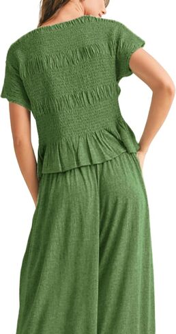 Womens 2 Piece Smocked Top Wide-Leg Pants Set High-Waisted Lounge Outfit with Pockets Casual Boho Matching Set in Saudi Arabia