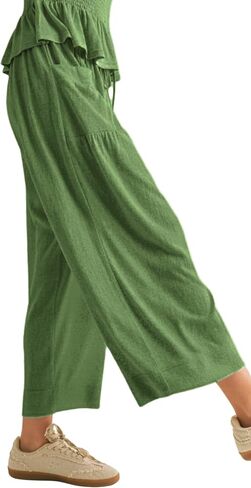 Womens 2 Piece Smocked Top Wide-Leg Pants Set High-Waisted Lounge Outfit with Pockets Casual Boho Matching Set in Saudi Arabia