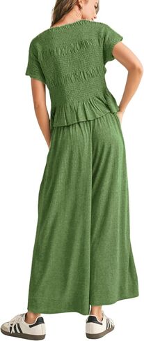 Womens 2 Piece Smocked Top Wide-Leg Pants Set High-Waisted Lounge Outfit with Pockets Casual Boho Matching Set in Saudi Arabia
