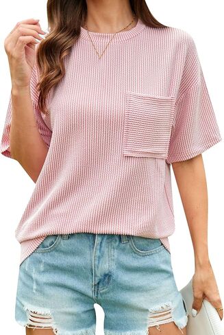 DIACACY Flowy Crew Neck Oversized Tee Shirts Textured Striped Tops Breathable Dressy T-Shirt for Women in Kuwait