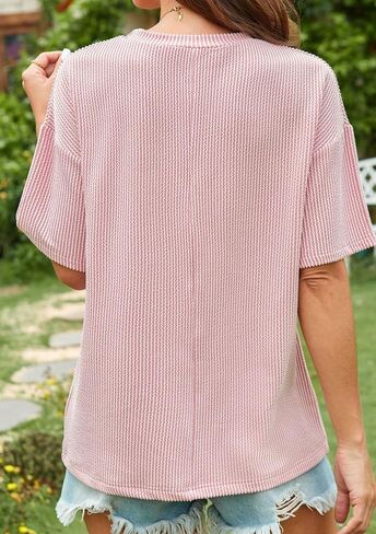 DIACACY Flowy Crew Neck Oversized Tee Shirts Textured Striped Tops Breathable Dressy T-Shirt for Women in Kuwait