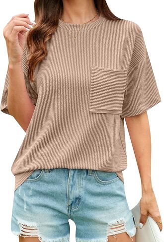 DIACACY Flowy Crew Neck Oversized Tee Shirts Textured Striped Tops Breathable Dressy T-Shirt for Women in Kuwait