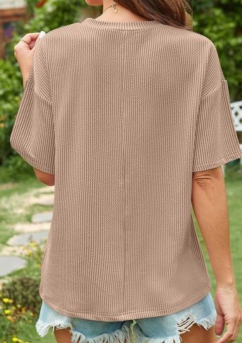 DIACACY Flowy Crew Neck Oversized Tee Shirts Textured Striped Tops Breathable Dressy T-Shirt for Women in Kuwait