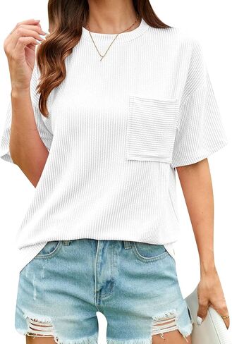 DIACACY Flowy Crew Neck Oversized Tee Shirts Textured Striped Tops Breathable Dressy T-Shirt for Women in Kuwait