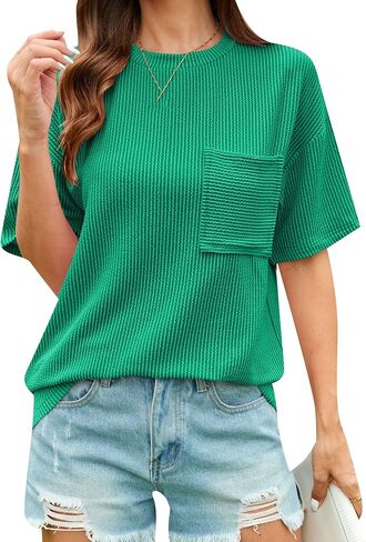 DIACACY Flowy Crew Neck Oversized Tee Shirts Textured Striped Tops Breathable Dressy T-Shirt for Women in Kuwait