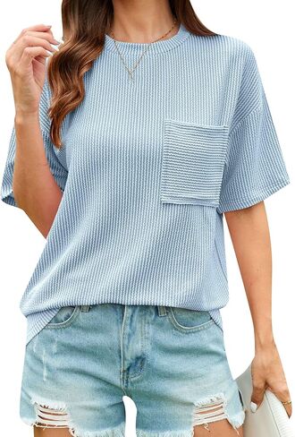 DIACACY Flowy Crew Neck Oversized Tee Shirts Textured Striped Tops Breathable Dressy T-Shirt for Women in Kuwait