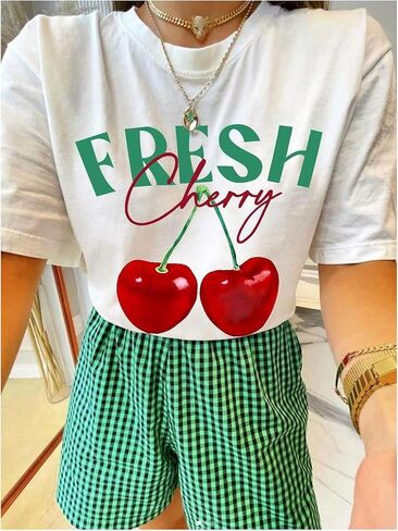 Floerns Graphic Tees for Women Casual Cherry Short Sleeve Crew Neck T Shirts Loose Fit Summer Tops Tee Shirts in Saudi Arabia