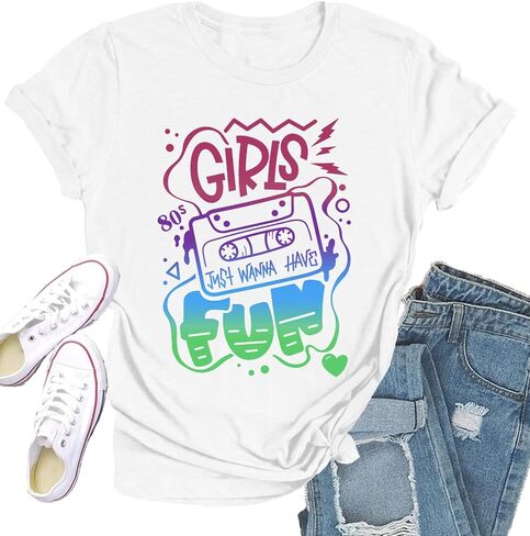 قميص الثمانينات للنساء Retro Vintage '80s' Party tshirt Girls Just Wanna Toe Tops Tops in Kuwait