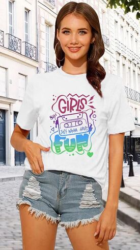 قميص الثمانينات للنساء Retro Vintage '80s' Party tshirt Girls Just Wanna Toe Tops Tops in Kuwait