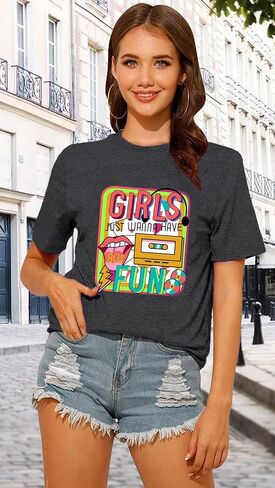 قميص الثمانينات للنساء Retro Vintage '80s' Party tshirt Girls Just Wanna Toe Tops Tops in Kuwait