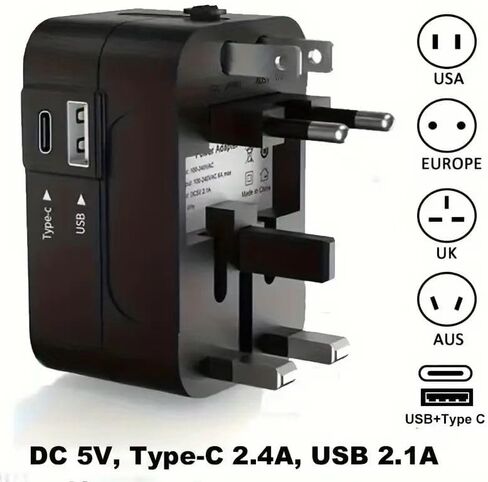 Universal Travel Adapter, PD20W International Power Adapter,1 Type-C & 1 USB-A Fast Charging Travel Charger, All in One Worldwide Wall Travel Plug Adapter, Outlet Power Plug Converter for EU UK USA AU in Kuwait
