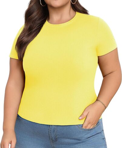 Lastshe Womens Plus Size Basic T Shirts Summer Tops Casual Short Sleeve Slim Fit Ribbed Knit Tee Cute Gym Workout Clothes in Kuwait