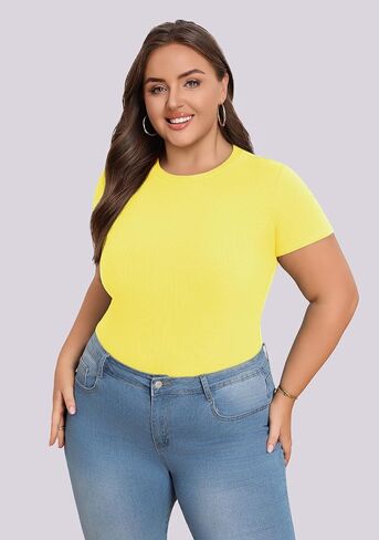 Lastshe Womens Plus Size Basic T Shirts Summer Tops Casual Short Sleeve Slim Fit Ribbed Knit Tee Cute Gym Workout Clothes in Kuwait