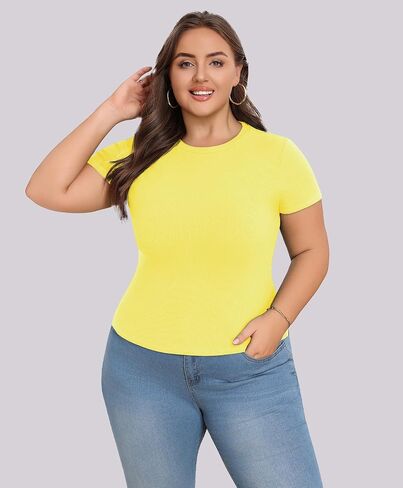 Lastshe Womens Plus Size Basic T Shirts Summer Tops Casual Short Sleeve Slim Fit Ribbed Knit Tee Cute Gym Workout Clothes in Kuwait