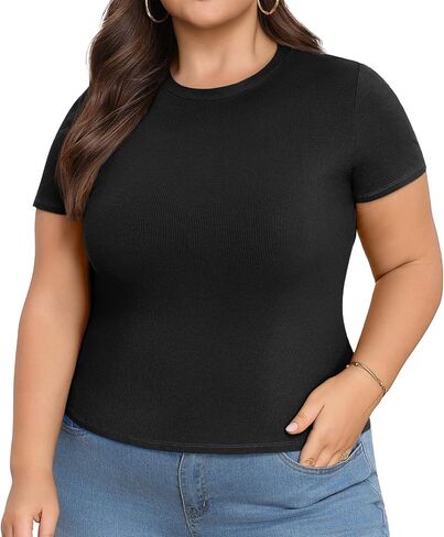 Lastshe Womens Plus Size Basic T Shirts Summer Tops Casual Short Sleeve Slim Fit Ribbed Knit Tee Cute Gym Workout Clothes in Kuwait