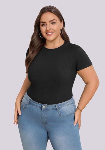 Lastshe Womens Plus Size Basic T Shirts Summer Tops Casual Short Sleeve Slim Fit Ribbed Knit Tee Cute Gym Workout Clothes in Kuwait
