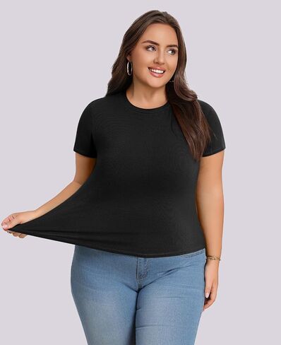 Lastshe Womens Plus Size Basic T Shirts Summer Tops Casual Short Sleeve Slim Fit Ribbed Knit Tee Cute Gym Workout Clothes in Kuwait