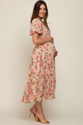 PinkBlush Floral Button Puff Sleeve Maternity Midi Dress in Kuwait