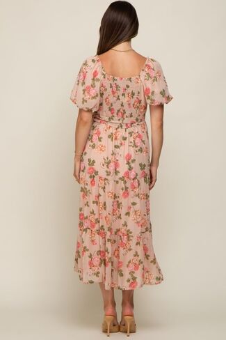 PinkBlush Floral Button Puff Sleeve Maternity Midi Dress in Kuwait
