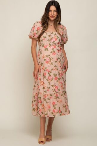 PinkBlush Floral Button Puff Sleeve Maternity Midi Dress in Kuwait