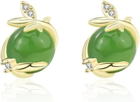 14K Gold Real Natural Jade Leaf Bud Earrings, Green Jade Studs, Delicate Jade Jewelry Gift for Girlfriend's Freshness in Kuwait