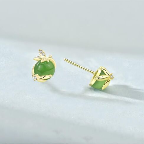 14K Gold Real Natural Jade Leaf Bud Earrings, Green Jade Studs, Delicate Jade Jewelry Gift for Girlfriend's Freshness in Kuwait