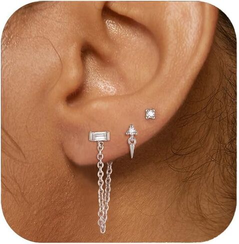FANZE 14K Gold Plated Chain Earrings Set for women Cubic Zircon Stud Earring Hypoallergenic for Multiple Piercing Dainty Jewelry Gift in Saudi Arabia