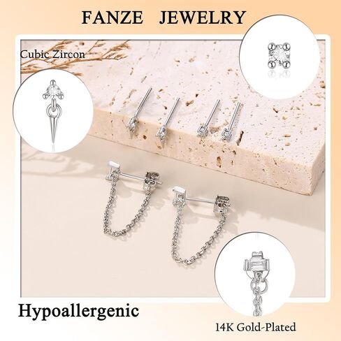 FANZE 14K Gold Plated Chain Earrings Set for women Cubic Zircon Stud Earring Hypoallergenic for Multiple Piercing Dainty Jewelry Gift in Saudi Arabia
