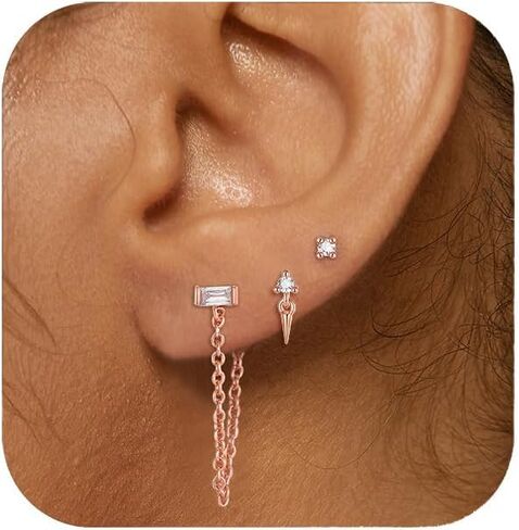 FANZE 14K Gold Plated Chain Earrings Set for women Cubic Zircon Stud Earring Hypoallergenic for Multiple Piercing Dainty Jewelry Gift in Saudi Arabia