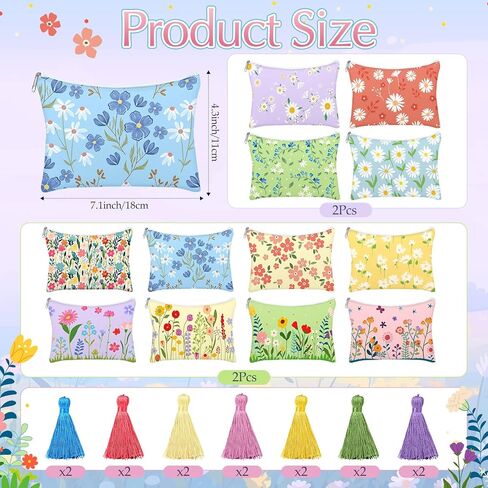Blosssound 16 PCS أكياس مكياج مكياج مع شرابة للنساء للنساء الأزهار الصيفية أكياس مستحضرات التجميل القماشية Daisy سحاب الربيع عملة عملة زفاف عيد ميلاد التخرج استحمام الطفل باخير الطرف هدية in Kuwait