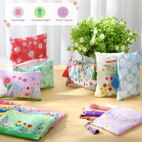 Blosssound 16 PCS أكياس مكياج مكياج مع شرابة للنساء للنساء الأزهار الصيفية أكياس مستحضرات التجميل القماشية Daisy سحاب الربيع عملة عملة زفاف عيد ميلاد التخرج استحمام الطفل باخير الطرف هدية in Kuwait