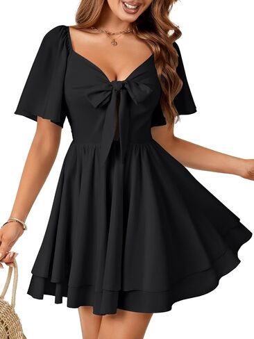 Vrtige Women's Bow tie V Neck Ruffle Short Sleeve Flowy Tiered A Line Mini Dress in Saudi Arabia