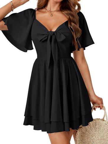 Vrtige Women's Bow tie V Neck Ruffle Short Sleeve Flowy Tiered A Line Mini Dress in Saudi Arabia