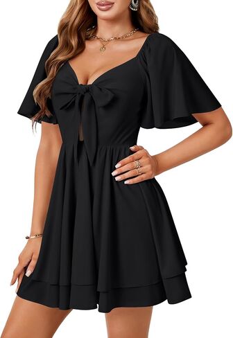 Vrtige Women's Bow tie V Neck Ruffle Short Sleeve Flowy Tiered A Line Mini Dress in Saudi Arabia