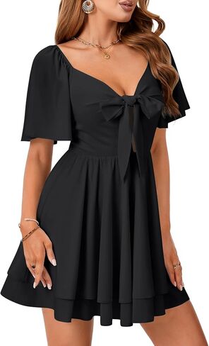 Vrtige Women's Bow tie V Neck Ruffle Short Sleeve Flowy Tiered A Line Mini Dress in Saudi Arabia