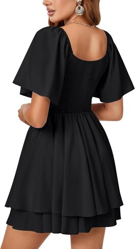 Vrtige Women's Bow tie V Neck Ruffle Short Sleeve Flowy Tiered A Line Mini Dress in Saudi Arabia