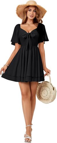 Vrtige Women's Bow tie V Neck Ruffle Short Sleeve Flowy Tiered A Line Mini Dress in Saudi Arabia